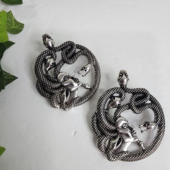 Unique Silver Medusa with Snake Statement Earrings - Picture 1 of 6